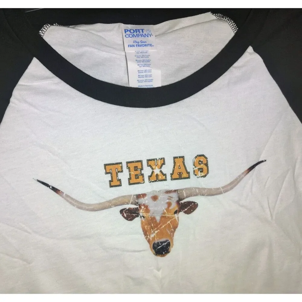 Texas Longhorn Port & Company Size Medium Baseball Tee 100% Cotton 3/4 Sleeve